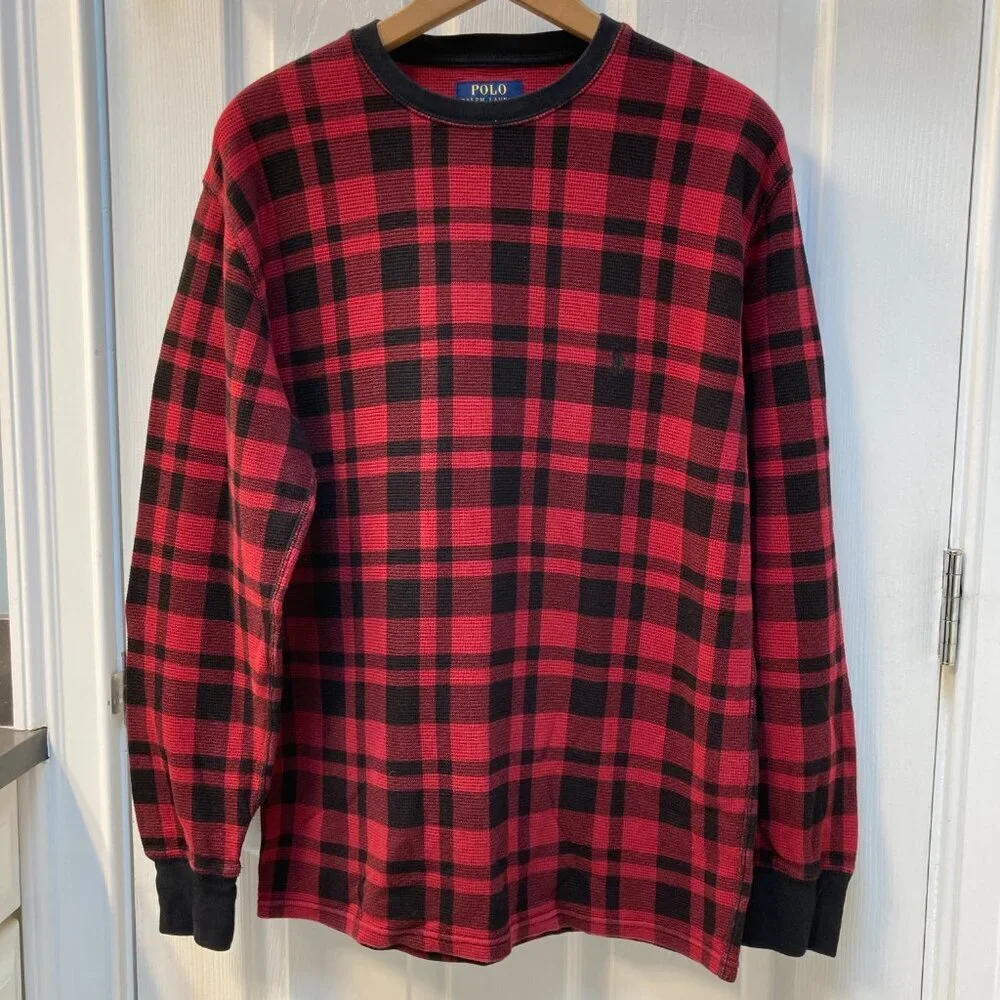 Polo Ralph Lauren Long Sleeve Waffle Knit Thermal Shirt Red Black Plaid Large